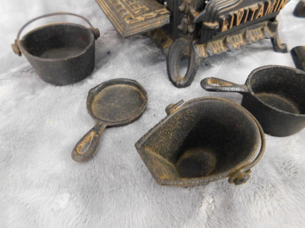 Cast Metal Miniature Stove With Various Cast Iron Mini Tools and Pans - 5