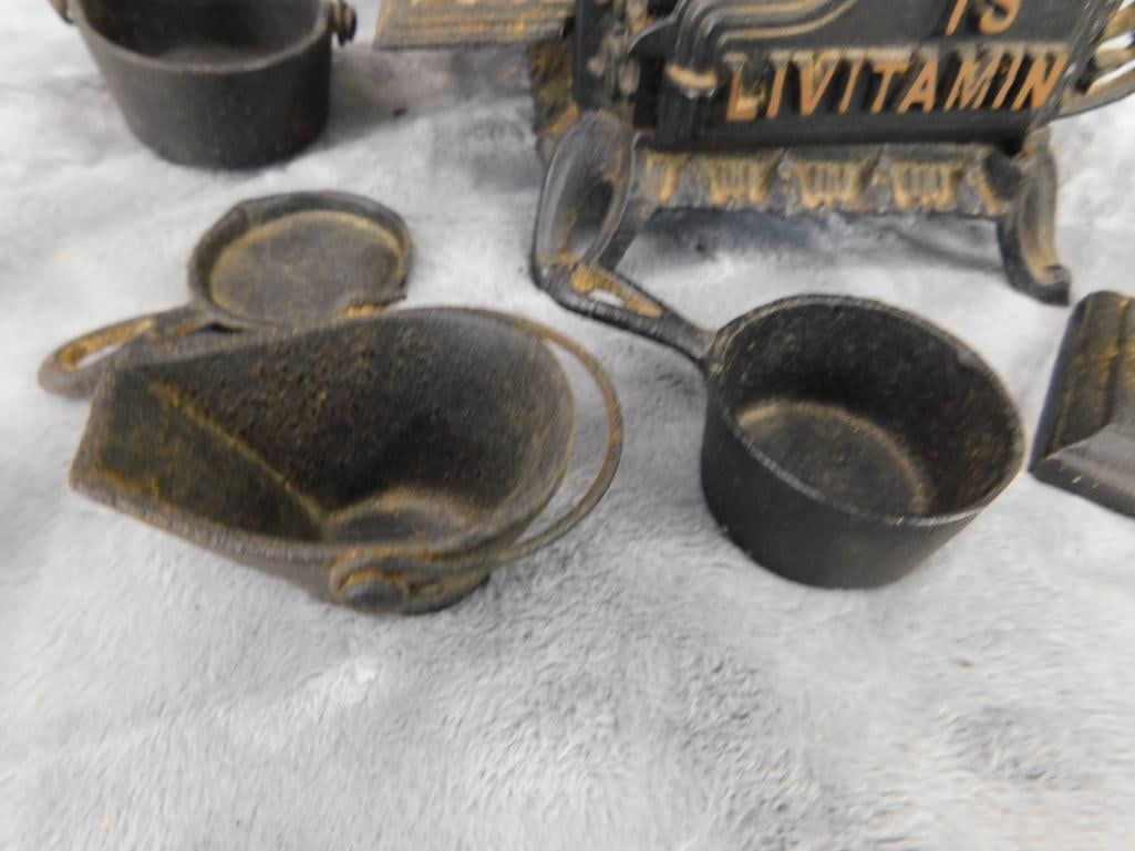 Cast Metal Miniature Stove With Various Cast Iron Mini Tools and Pans - 6