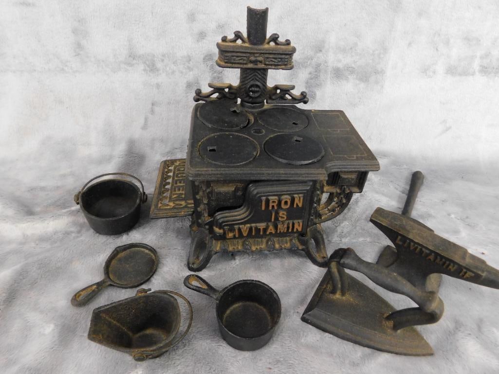Cast Metal Miniature Stove With Various Cast Iron Mini Tools and Pans - 9