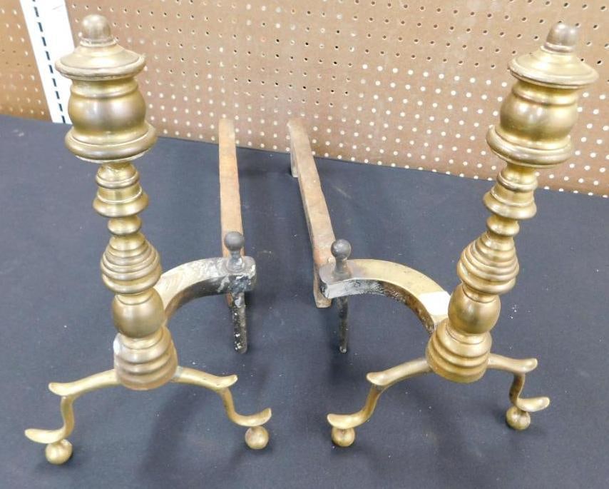 Vintage Brass Andirons - Each 15" x 5" x 20.5": See Photos For Condition and Details