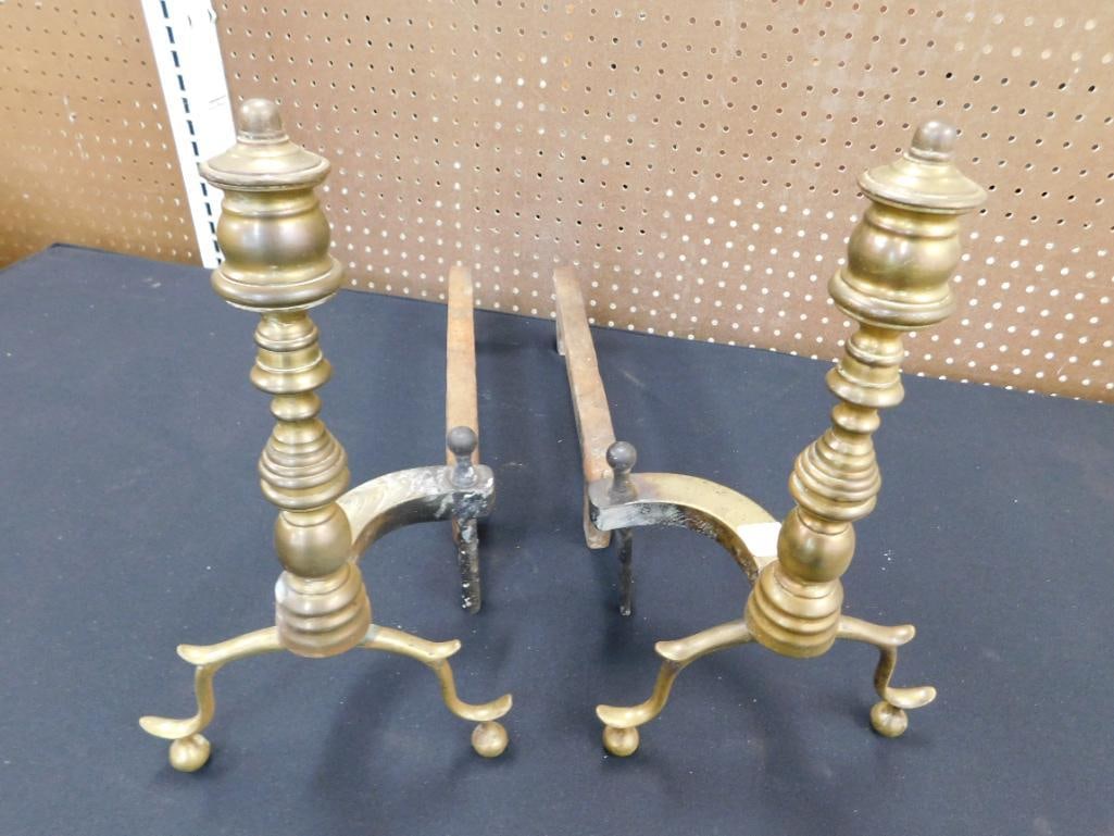Vintage Brass Andirons - Each 15" x 5" x 20.5" - 7