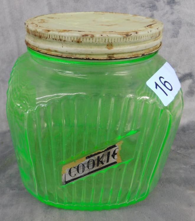 Uranium / Vaseline Glass Cookie Jar with Metal Lid - 8" x 6.5" x 6.5": See Photos For Condition and Details
