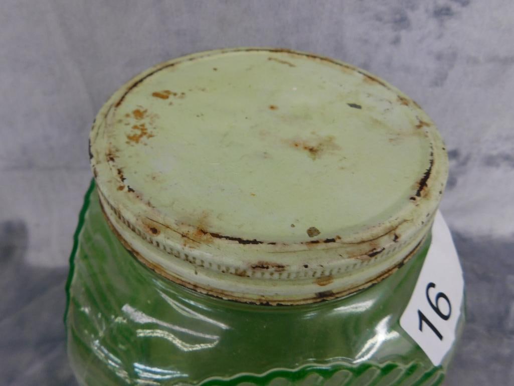 Uranium / Vaseline Glass Cookie Jar with Metal Lid - 8" x 6.5" x 6.5" - 2
