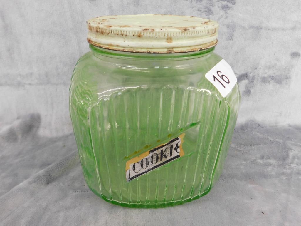 Uranium / Vaseline Glass Cookie Jar with Metal Lid - 8" x 6.5" x 6.5" - 3