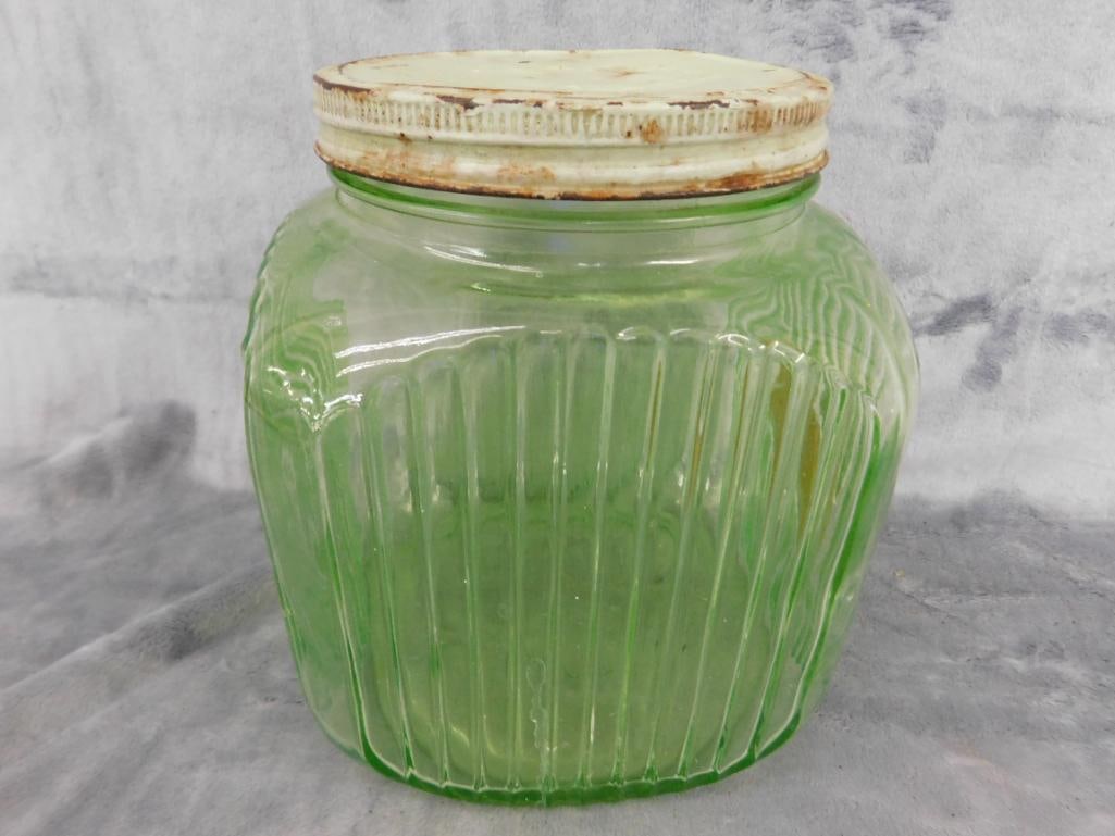 Uranium / Vaseline Glass Cookie Jar with Metal Lid - 8" x 6.5" x 6.5" - 4