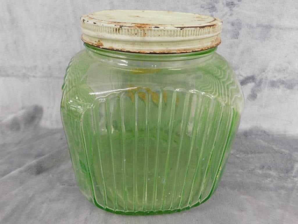 Uranium / Vaseline Glass Cookie Jar with Metal Lid - 8" x 6.5" x 6.5" - 5