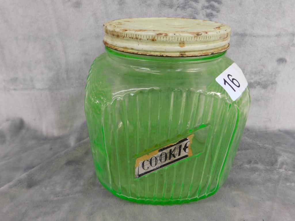 Uranium / Vaseline Glass Cookie Jar with Metal Lid - 8" x 6.5" x 6.5" - 8