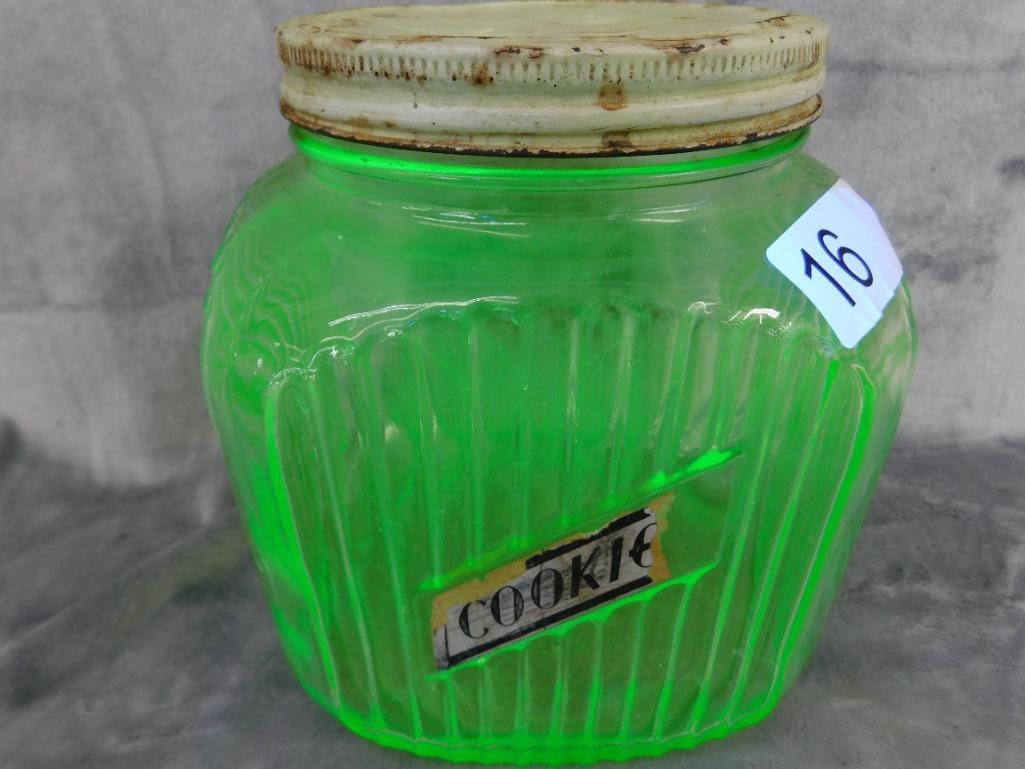 Uranium / Vaseline Glass Cookie Jar with Metal Lid - 8" x 6.5" x 6.5" - 9