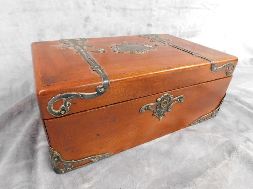 Vintage Tea Caddy with Silver Plate Fittings - 5" x 12.5" x 8" - 12