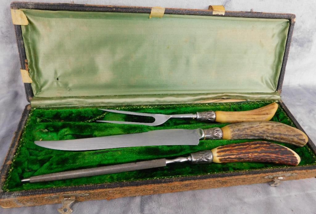 Vintage Northampton Antler Carving Set In Box - Sterling Silver Bands: See Photos For Condition and Details