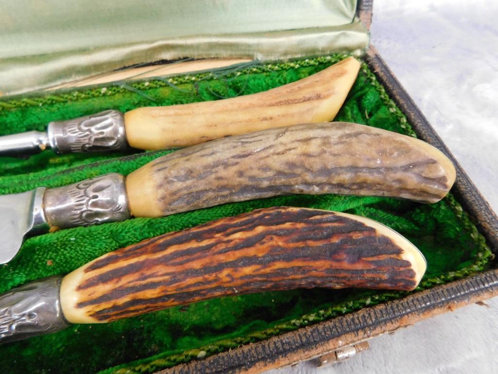 Vintage Northampton Antler Carving Set In Box - Sterling Silver Bands - 2