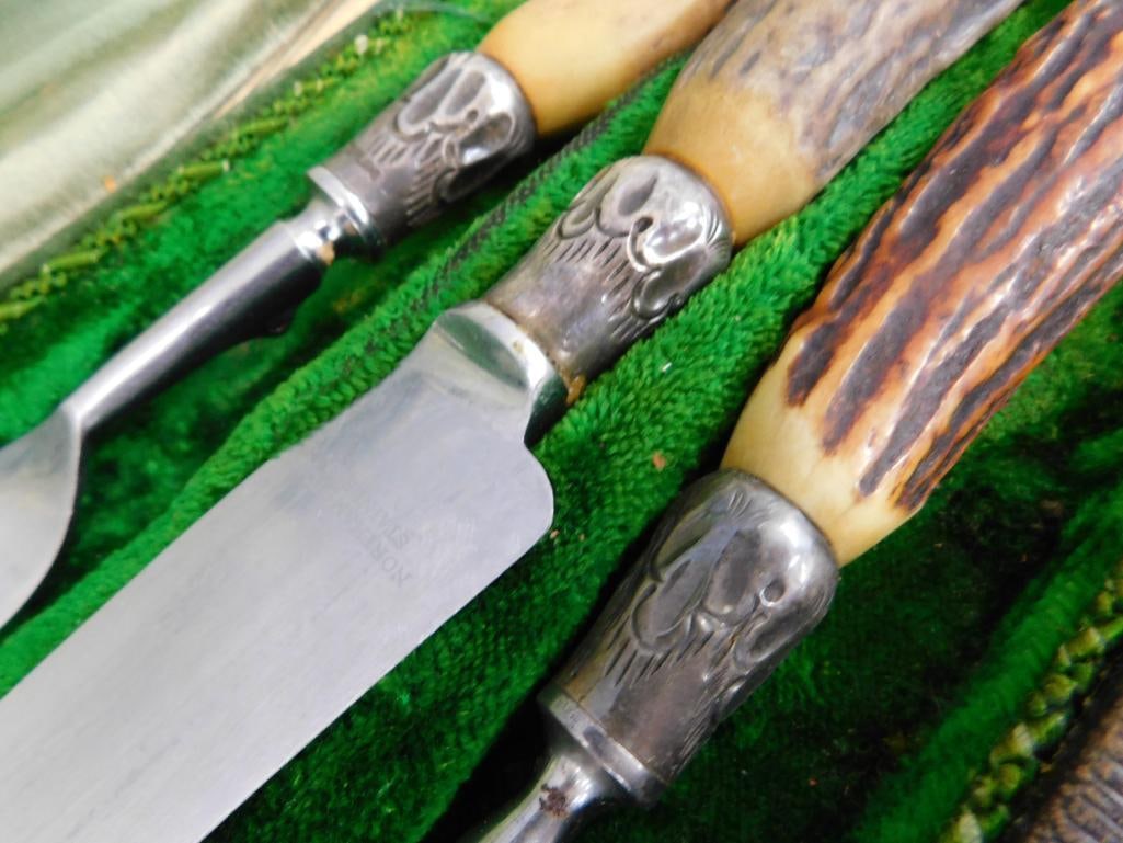 Vintage Northampton Antler Carving Set In Box - Sterling Silver Bands - 3
