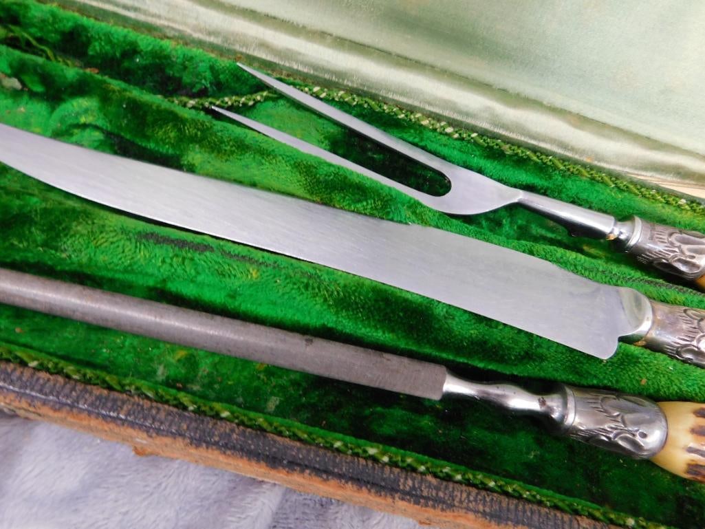Vintage Northampton Antler Carving Set In Box - Sterling Silver Bands - 4