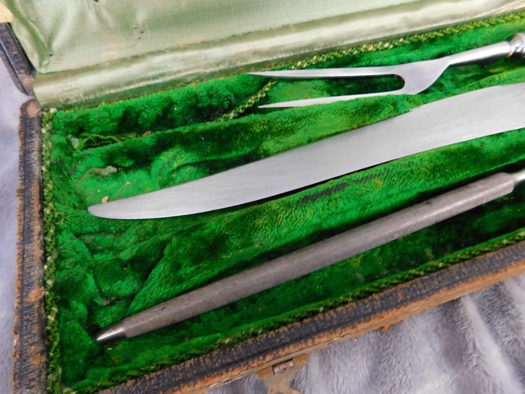 Vintage Northampton Antler Carving Set In Box - Sterling Silver Bands - 5