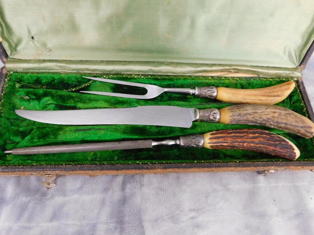 Vintage Northampton Antler Carving Set In Box - Sterling Silver Bands - 6