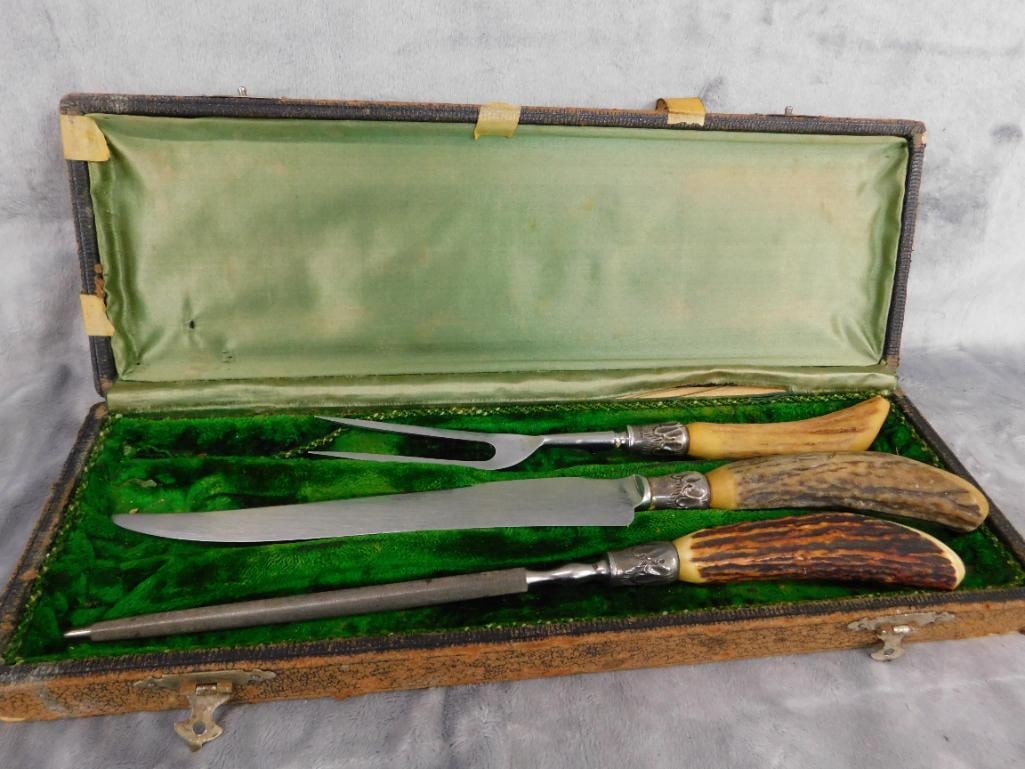Vintage Northampton Antler Carving Set In Box - Sterling Silver Bands - 7