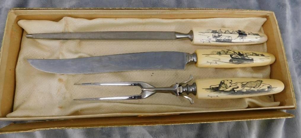 Set of Scrimshaw Bone Handled Carving Set in Box - Artist Signed (1 of 8)