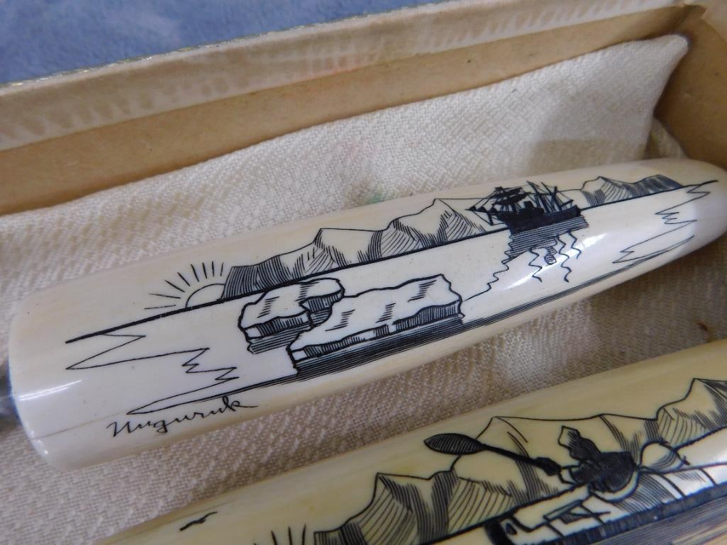 Set of Scrimshaw Bone Handled Carving Set in Box - Artist Signed - 2