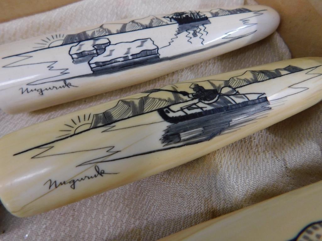 Set of Scrimshaw Bone Handled Carving Set in Box - Artist Signed - 3