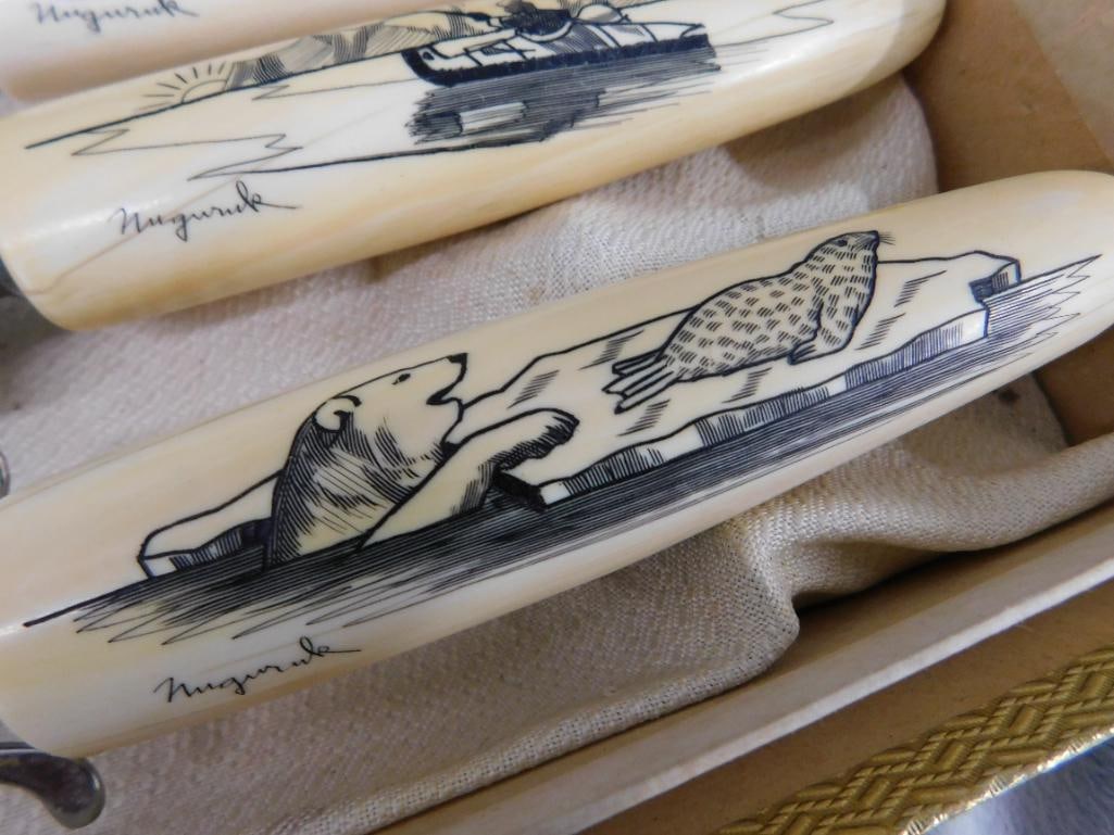 Set of Scrimshaw Bone Handled Carving Set in Box - Artist Signed - 4