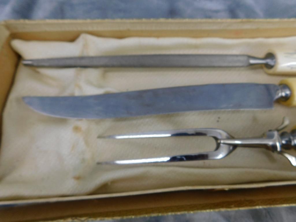 Set of Scrimshaw Bone Handled Carving Set in Box - Artist Signed - 5