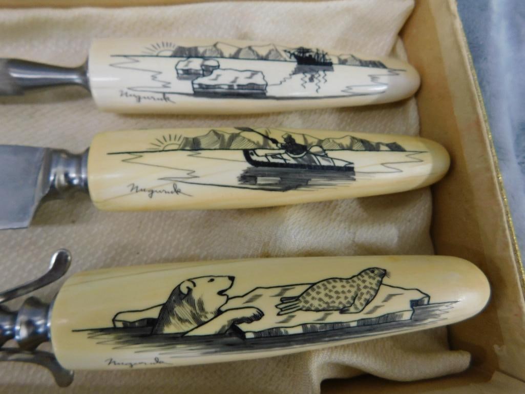 Set of Scrimshaw Bone Handled Carving Set in Box - Artist Signed - 6