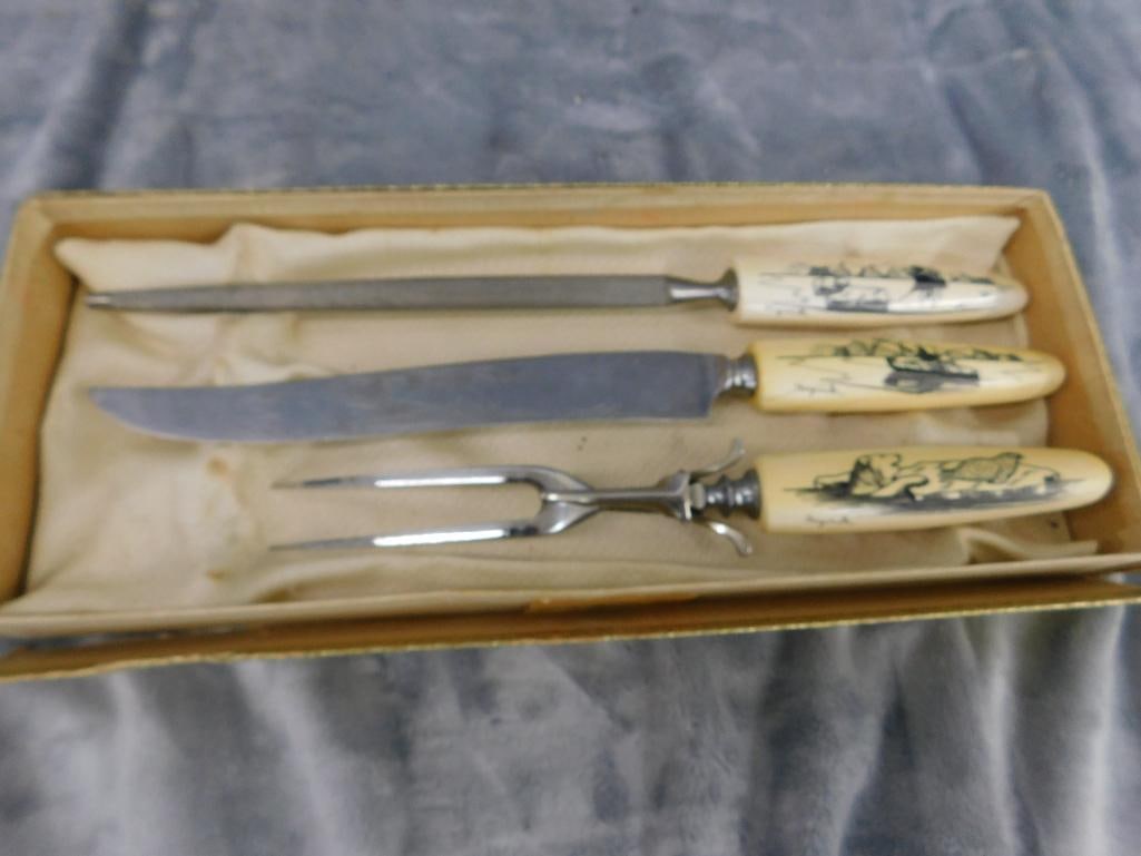 Set of Scrimshaw Bone Handled Carving Set in Box - Artist Signed - 7