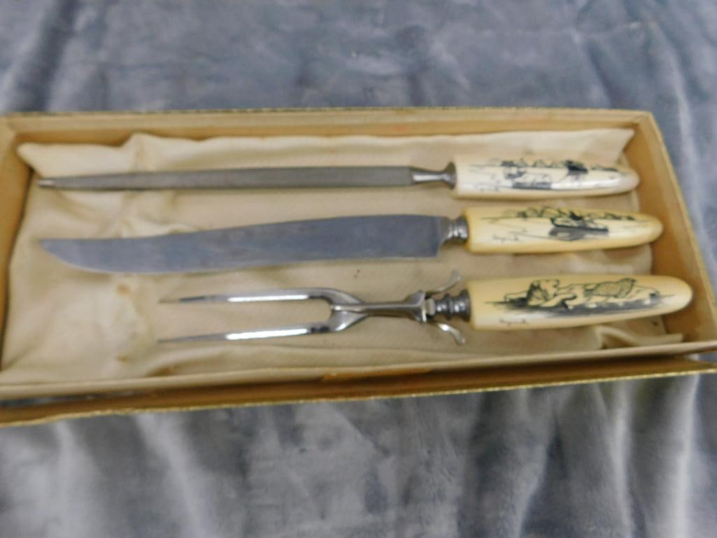 Set of Scrimshaw Bone Handled Carving Set in Box - Artist Signed - 8