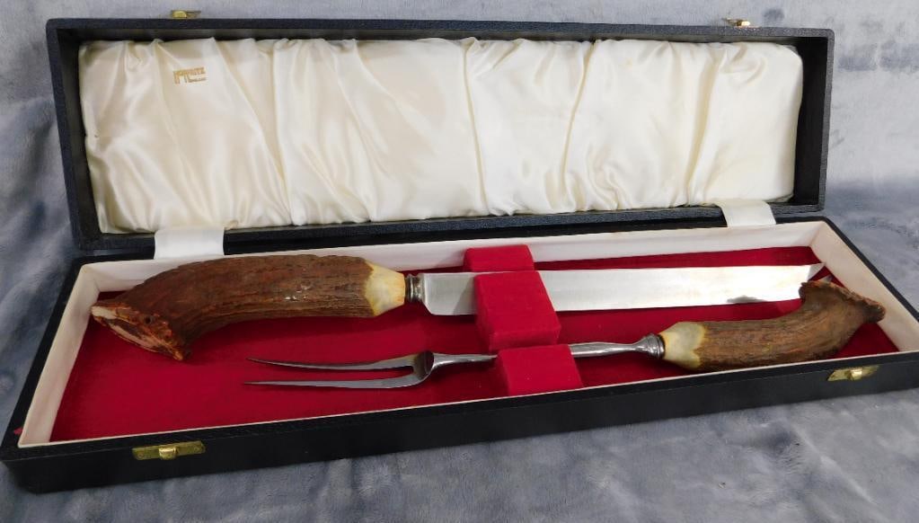 Hoffritz Antler Handled Carving Set In Box: See Photos For Condition and Details
