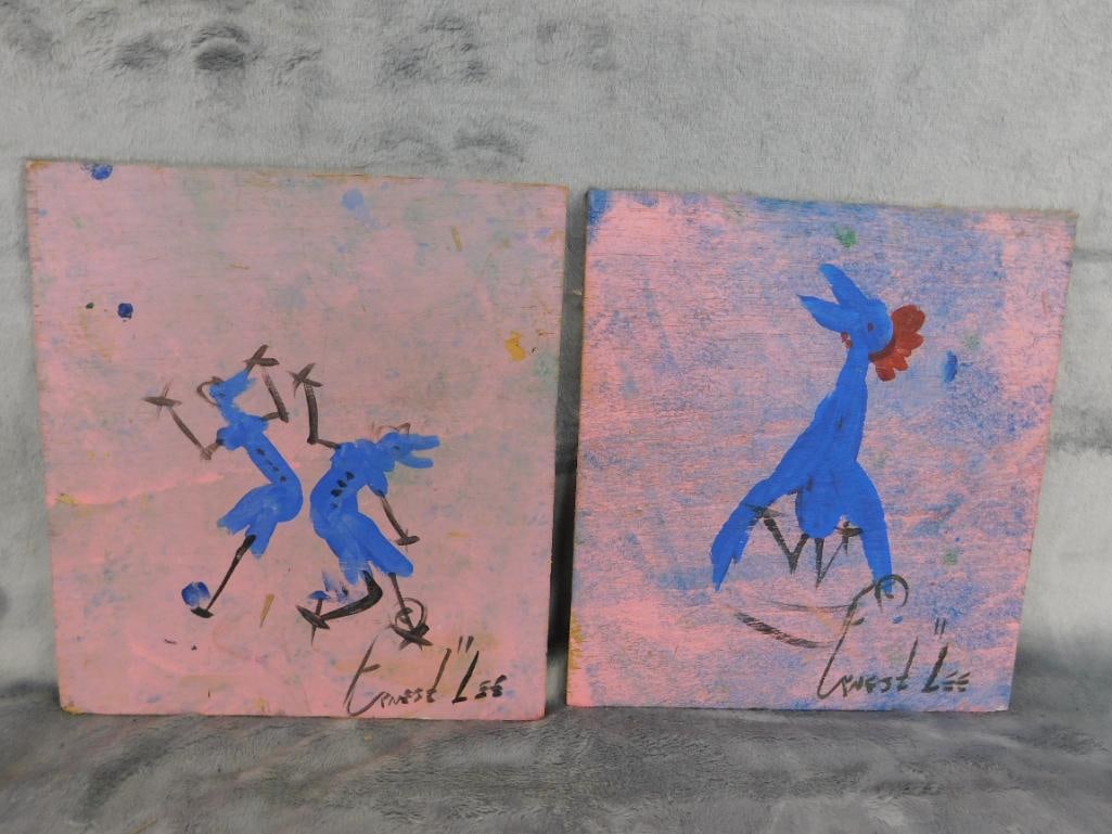 Pair of Southern Folk Art Paintings on Plywood - Each Signed Ernest Lee - Chickens - 10