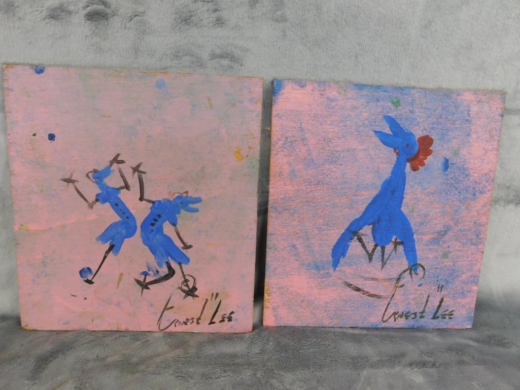 Pair of Southern Folk Art Paintings on Plywood - Each Signed Ernest Lee - Chickens - 11
