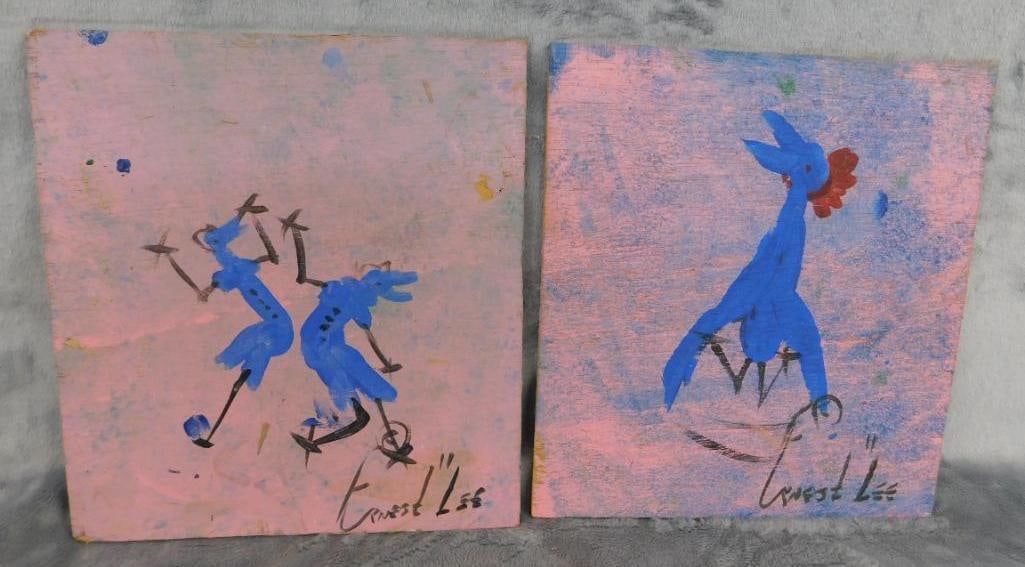 Pair of Southern Folk Art Paintings on Plywood - Each Signed Ernest Lee - Chickens: Each 8.5" x 8.5" - See Photos For Condition and Details