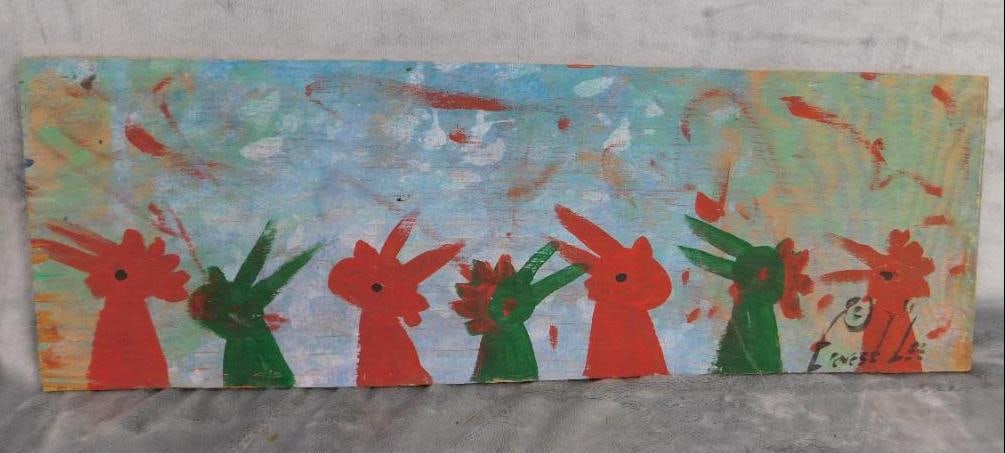 Southern Folk Art Painting on Plywood - Signed Ernest Lee - Chickens - 7" x 21.5" (1 of 8)