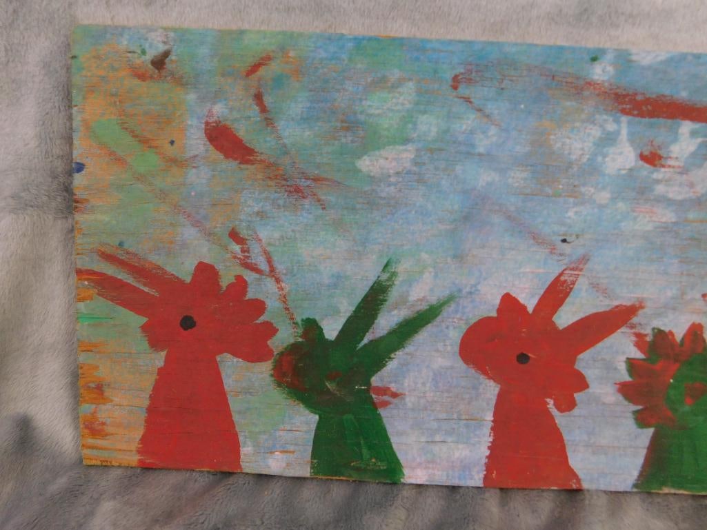 Southern Folk Art Painting on Plywood - Signed Ernest Lee - Chickens - 7" x 21.5" - 2
