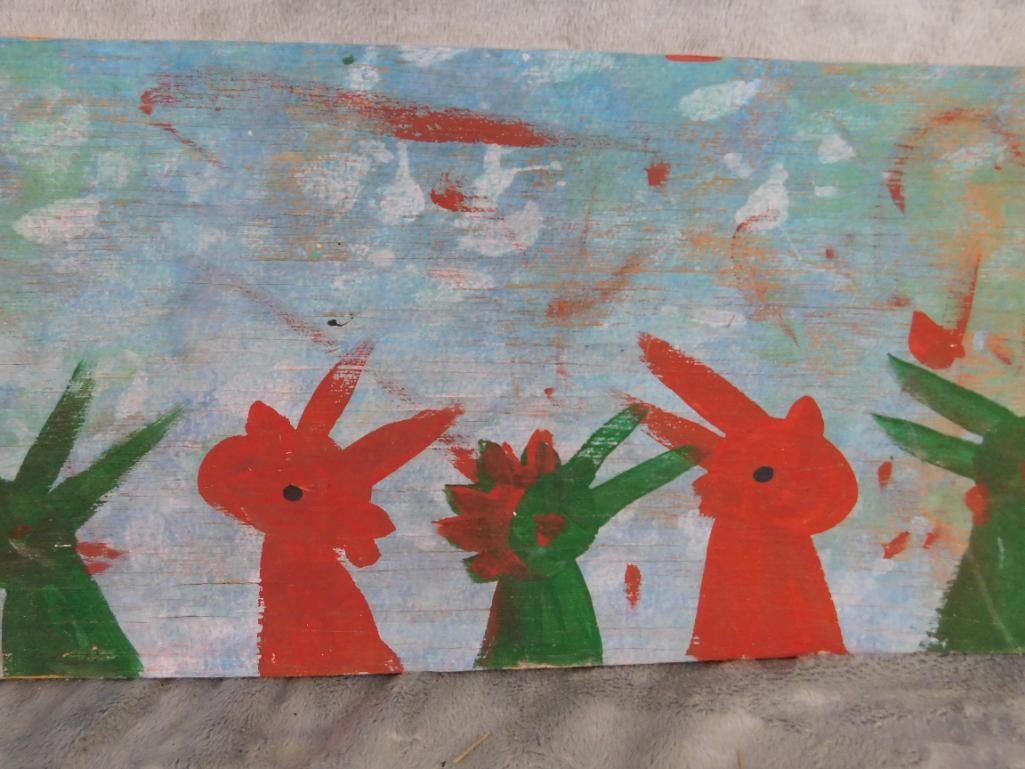 Southern Folk Art Painting on Plywood - Signed Ernest Lee - Chickens - 7" x 21.5" - 3