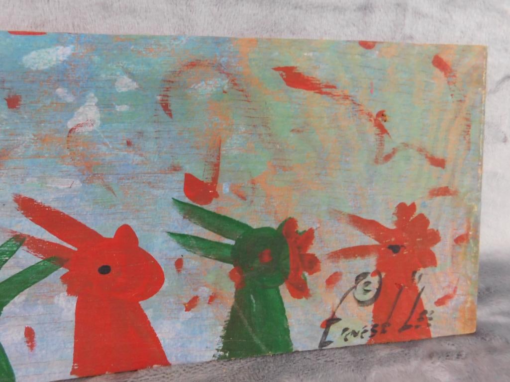 Southern Folk Art Painting on Plywood - Signed Ernest Lee - Chickens - 7" x 21.5" - 4
