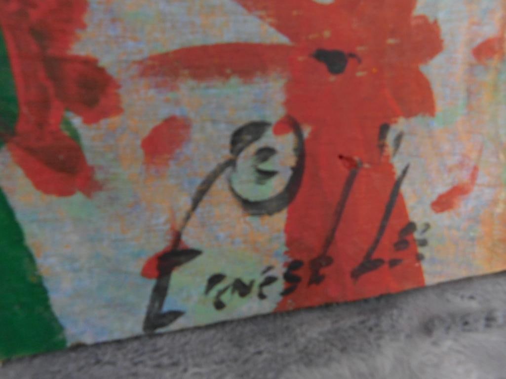 Southern Folk Art Painting on Plywood - Signed Ernest Lee - Chickens - 7" x 21.5" - 5