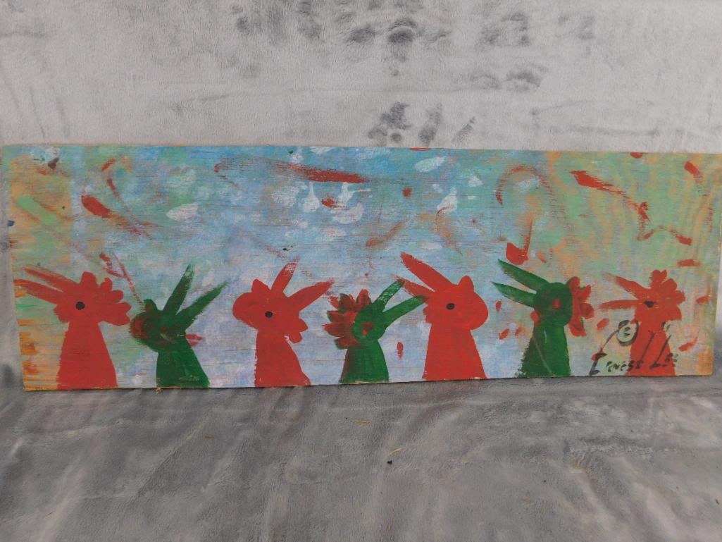 Southern Folk Art Painting on Plywood - Signed Ernest Lee - Chickens - 7" x 21.5" - 7