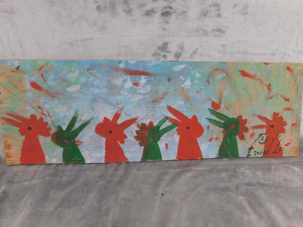 Southern Folk Art Painting on Plywood - Signed Ernest Lee - Chickens - 7" x 21.5" - 8