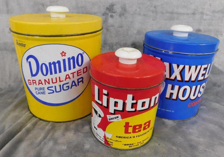 Maxwell House Coffee - Lipton Tea - Domino Sugar Tins - 5.5" to 7.5" Tall (1 of 8)