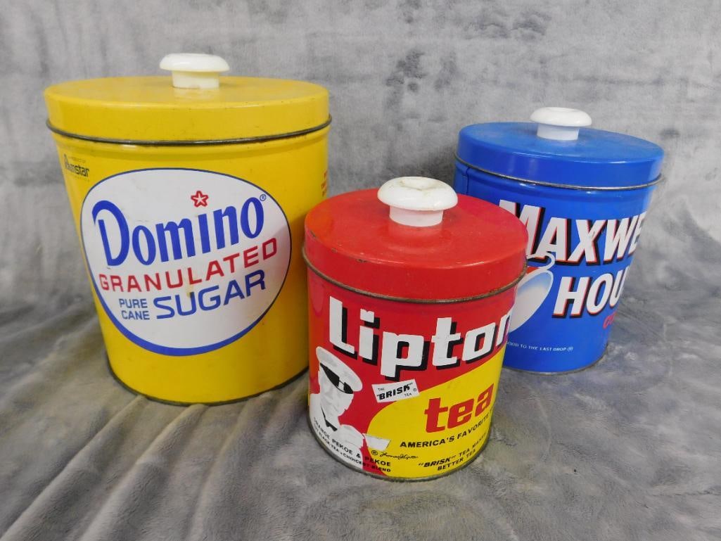 Maxwell House Coffee - Lipton Tea - Domino Sugar Tins - 5.5" to 7.5" Tall - 8