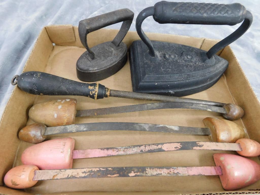 2 Sad Irons - 2 sets of Shoe Stretchers - 1 Sharpening Steel (1 of 8)