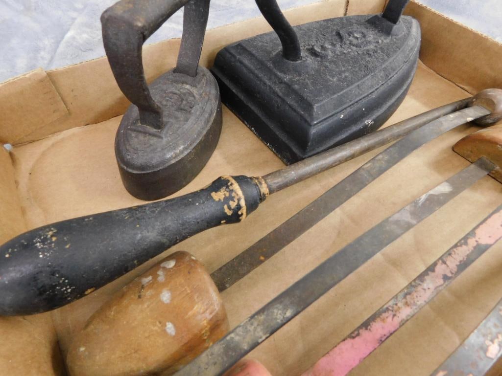 2 Sad Irons - 2 sets of Shoe Stretchers - 1 Sharpening Steel - 4