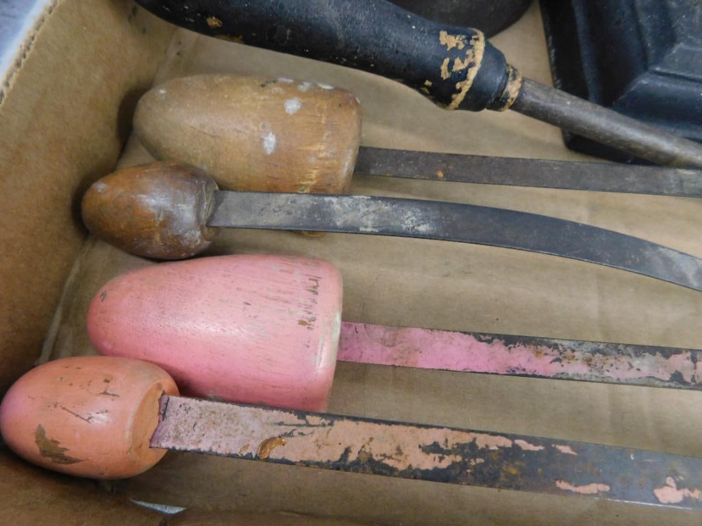 2 Sad Irons - 2 sets of Shoe Stretchers - 1 Sharpening Steel - 5