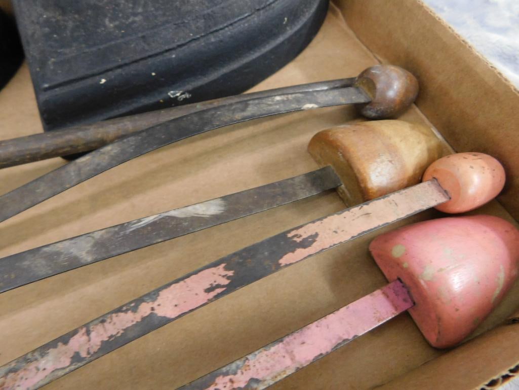 2 Sad Irons - 2 sets of Shoe Stretchers - 1 Sharpening Steel - 6