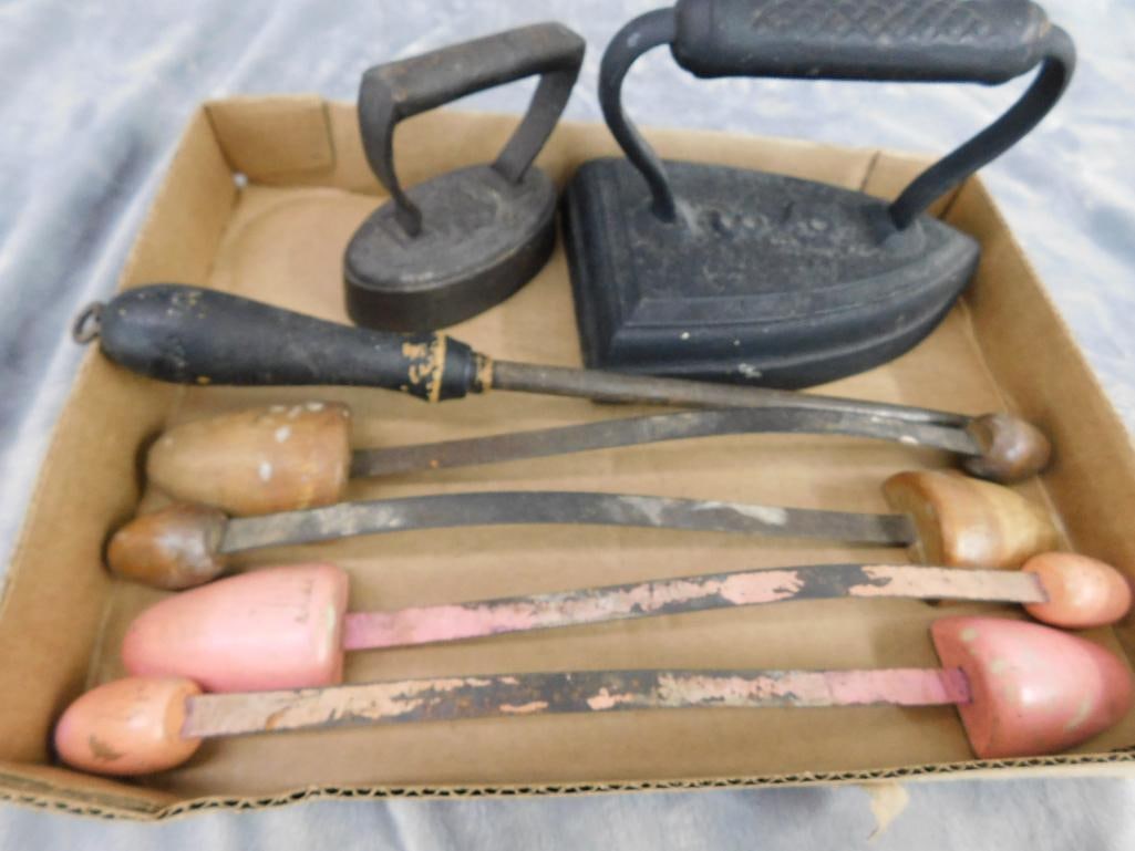 2 Sad Irons - 2 sets of Shoe Stretchers - 1 Sharpening Steel - 7