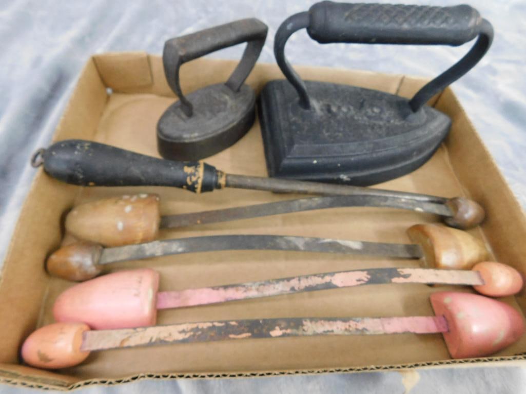 2 Sad Irons - 2 sets of Shoe Stretchers - 1 Sharpening Steel - 8