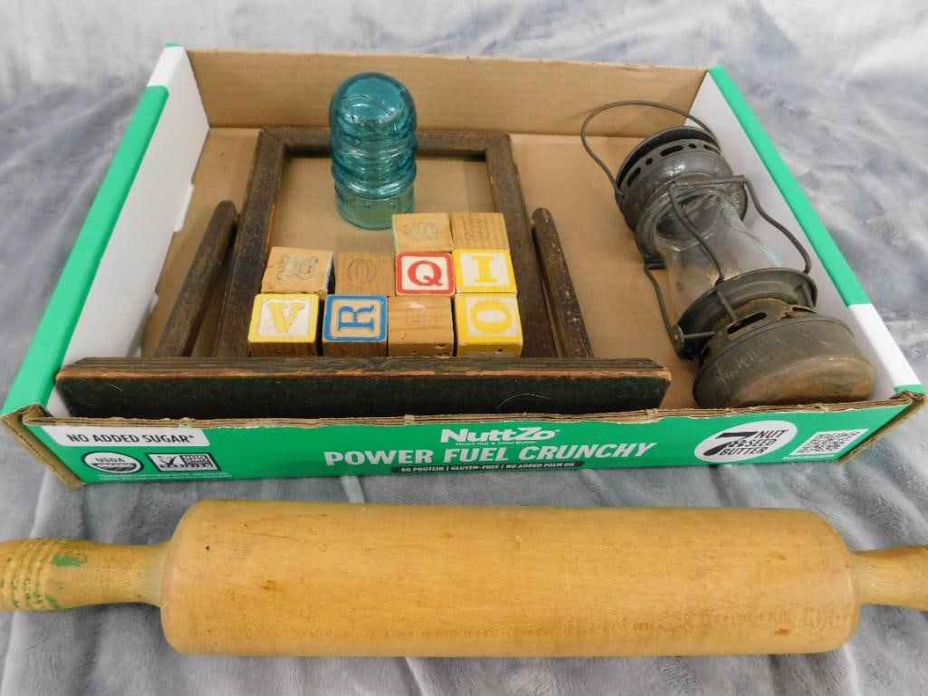 Vintage Frame - Insulator - Small lantern - Rolling Pin - Childs Blocks: See Photos For Condition and Details