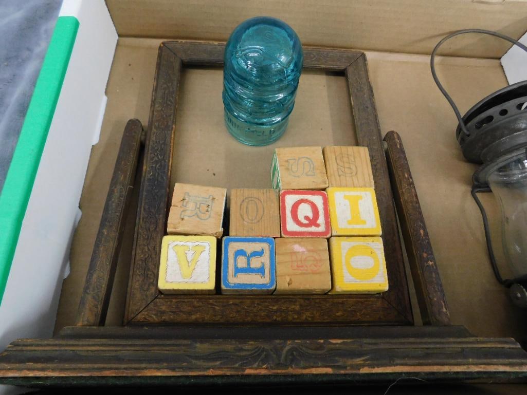 Vintage Frame - Insulator - Small lantern - Rolling Pin - Childs Blocks - 5