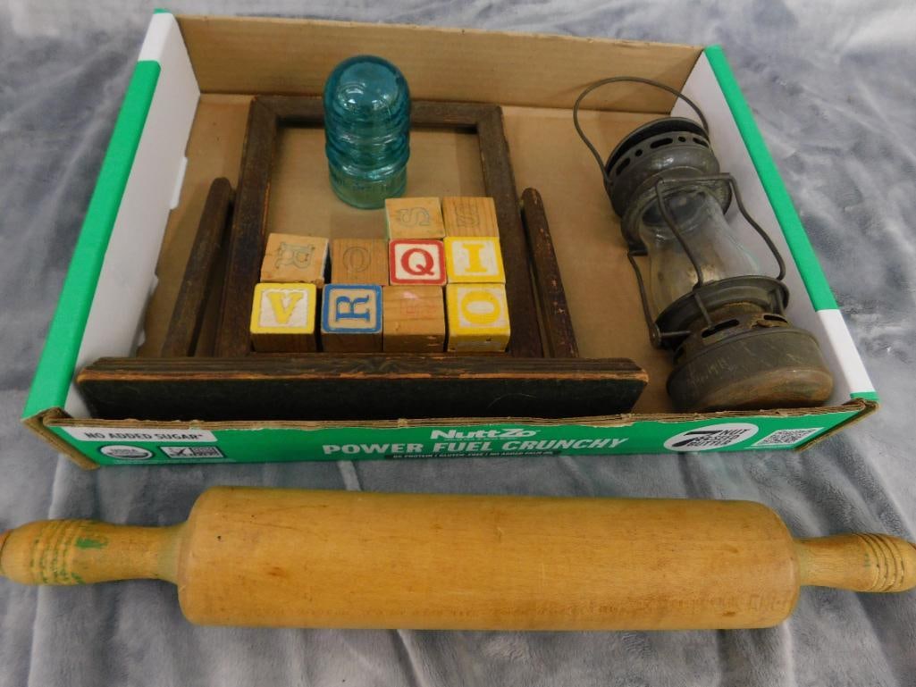 Vintage Frame - Insulator - Small lantern - Rolling Pin - Childs Blocks - 7
